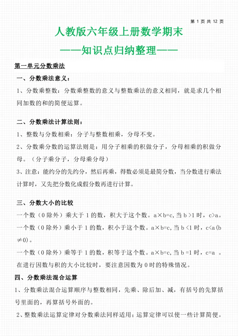 《六（上）人教版数学知识点总结_小学1-6年级全科全套_1-6年级全科上册_六年级_数学_六年级数学上人教版_人教数学六上知识总结》第1页预览