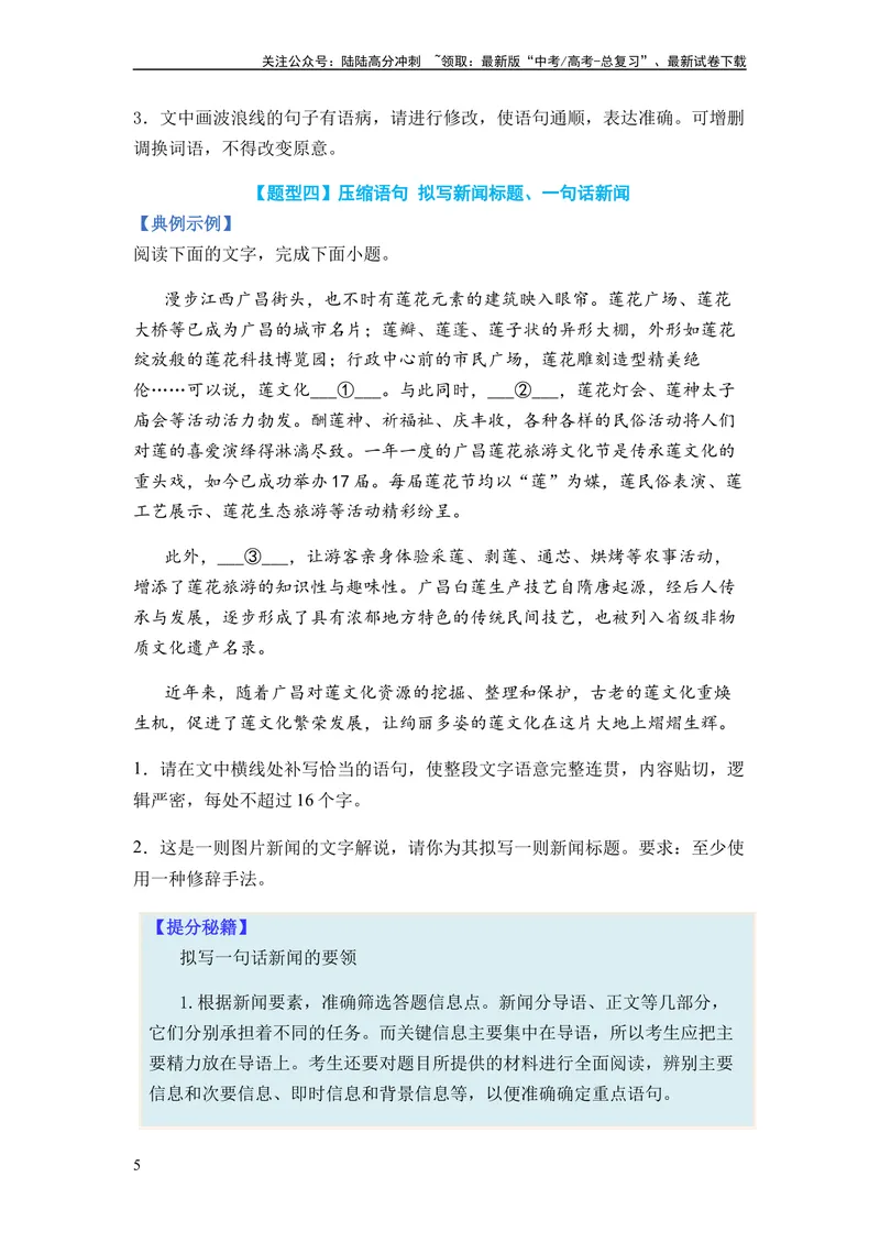 《专题05扩展、压缩语句题型归类-2024年高考语文二轮热点题型归纳与变式演练（新高考专用）（原卷版）_二轮复习_2024年_2024高考语文二轮复习热点题型归纳与变式演练解题_资料》第5页预览