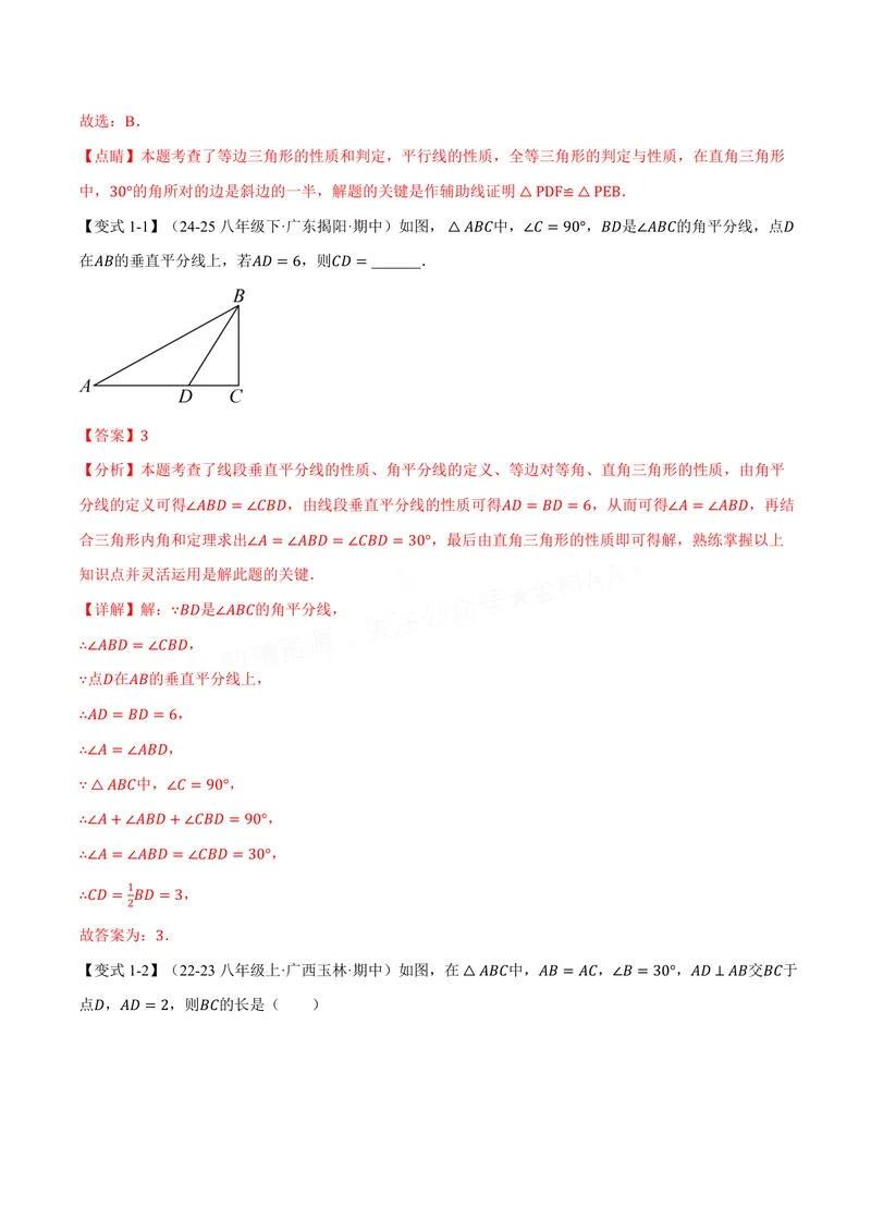 《专题1.10含30°角的直角三角形的性质(讲义)(解析版)_2026语数英7-9年级上《举一反三系列》多版本_2026《初中数学•举一反三系列》8上多版本_2026《初中数学•举一反三系列》8上(苏科)》第3页预览