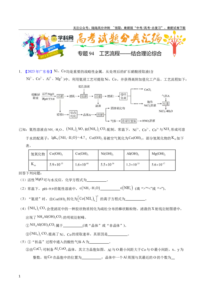 《专题94工艺流程——结合理论综合（学生版）_05-化学-高考总复习_专项复习_2025年_十年（2013-2022）高考化学真题分项汇编（全国通用）_专题94工艺流程——结合理论综合（全国通用）》第1页预览