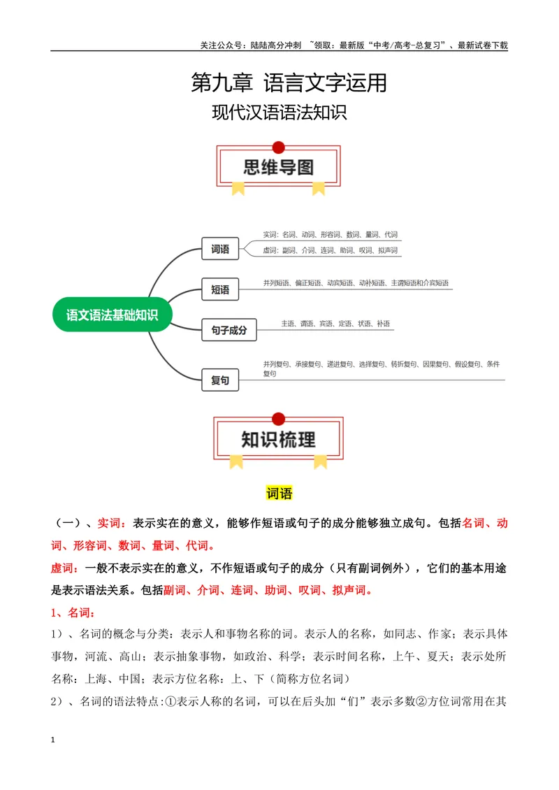 《专题01：现代汉语语法知识（学生版）_一轮复习_2025年_2025年高考语文一轮复习知识清单（全国通用）》第1页预览