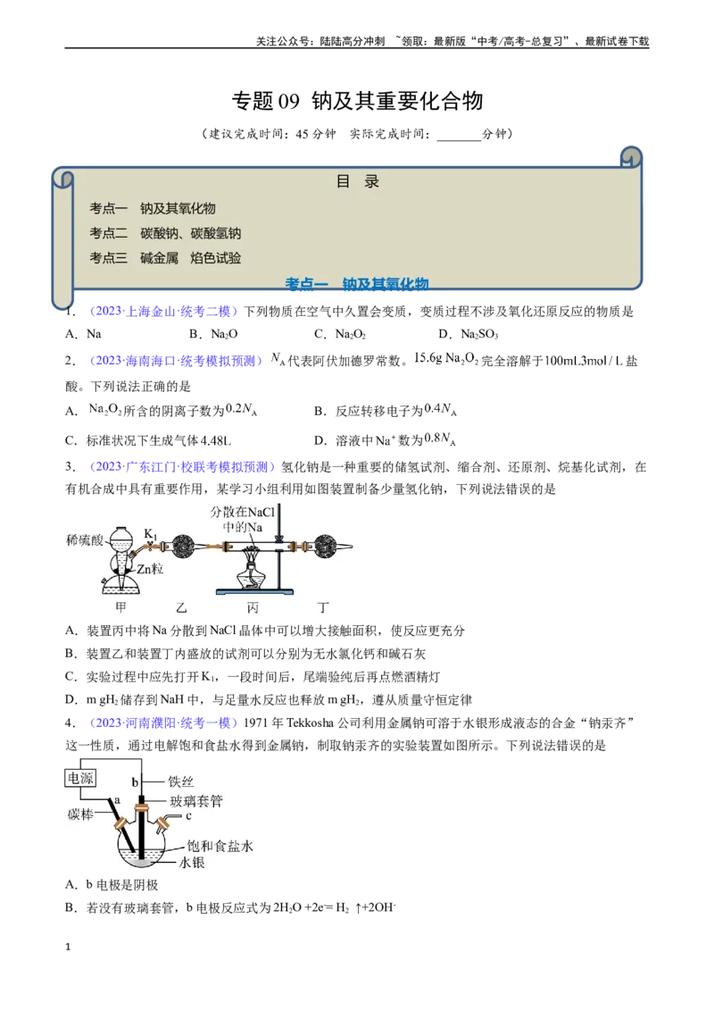 《专题09钠及其重要化合物-（原卷版）_05-化学-高考总复习_一轮复习_2024年_2024年高考化学一轮复习基础考点必刷好题（新教材新高考）_资料》第1页预览