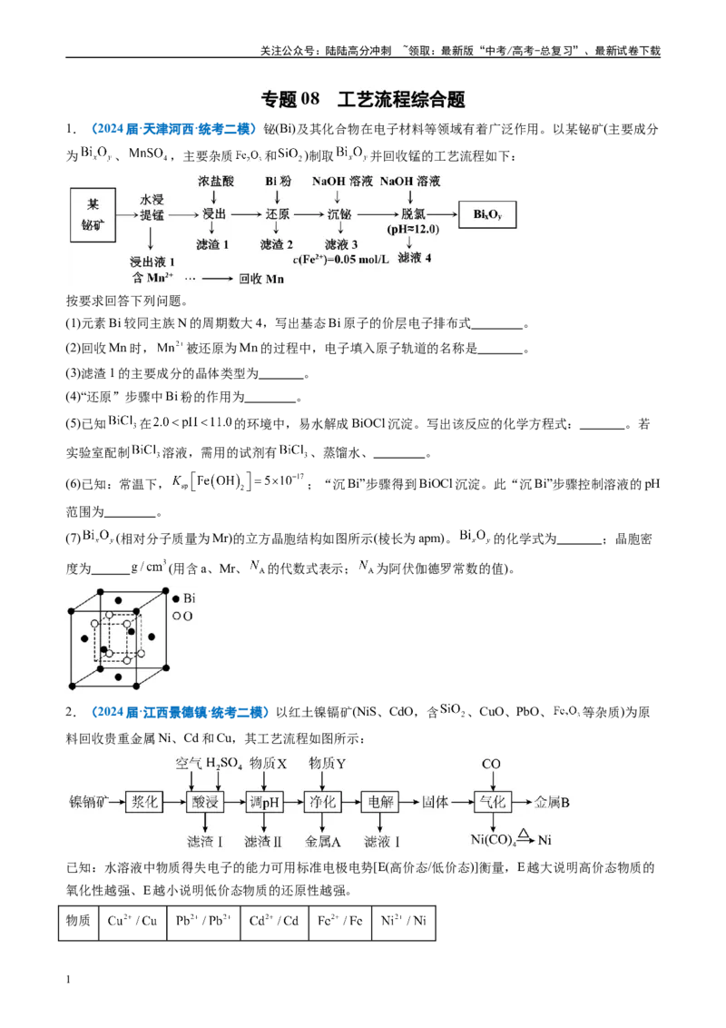 《专题08工艺流程综合题（原卷版）_05-化学-高考总复习_专项复习_2025年_2024年高考二模试题分类汇编化学全国通用》第1页预览