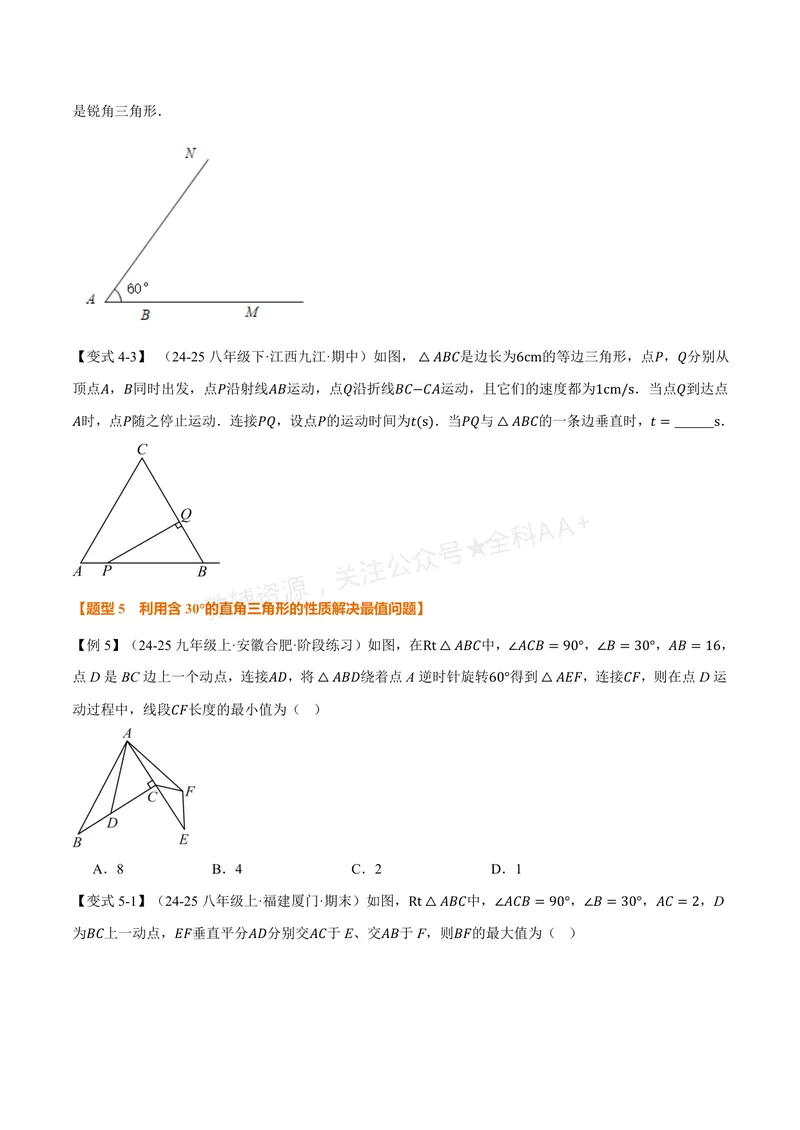 《专题2.10含30°角的直角三角形的性质(讲义)(原卷版)_2026语数英7-9年级上《举一反三系列》多版本_2026《初中数学•举一反三系列》8上多版本_2026《初中数学•举一反三系列》8上(浙教)》第5页预览