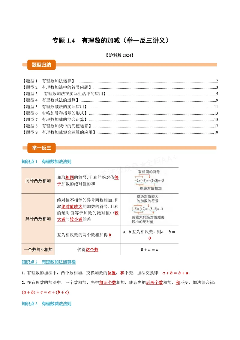 《专题1.4有理数的加减(讲义)(解析版)_2026语数英7-9年级上《举一反三系列》多版本_2026《初中数学•举一反三系列》7上多版本_2026《初中数学•举一反三系列》7上(沪科)》第1页预览