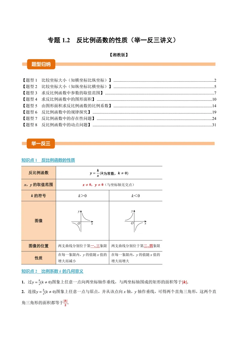 《专题1.2反比例函数的性质(讲义)(解析版)_2026语数英7-9年级上《举一反三系列》多版本_2026《初中数学•举一反三系列》9上多版本_2026《初中数学•举一反三系列》9上(湘教)》第1页预览