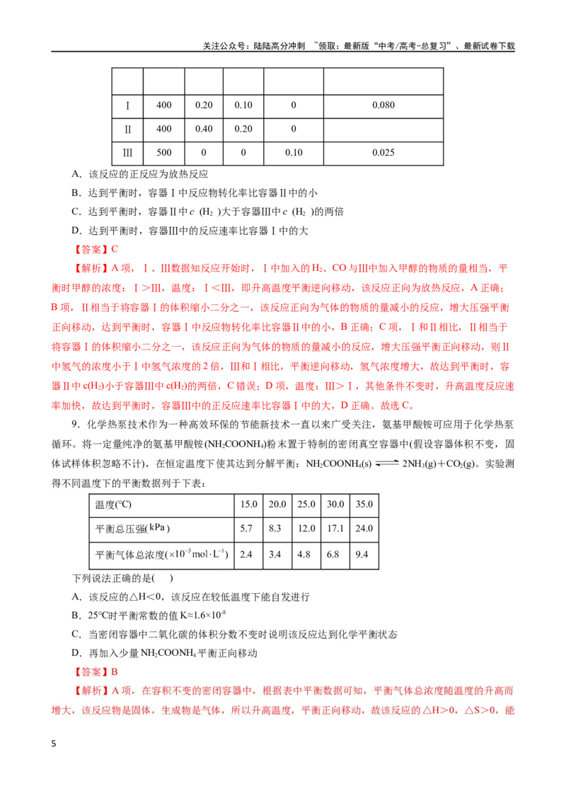 《专题07化学反应速率与化学平衡(测试)(解析版)_05-化学-高考总复习_二轮复习_2024年_2024年高考化学二轮复习讲练测（新教材新高考）_配套练习（原卷版+解析版）》第5页预览