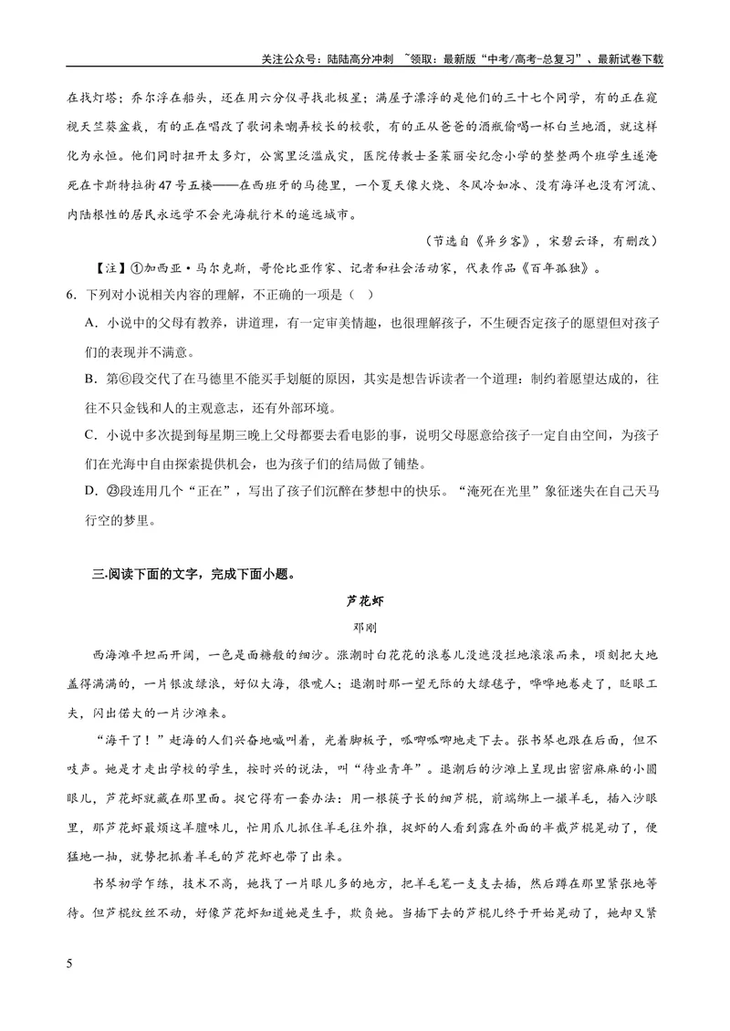《专题05小说内容理解和分析客观题（练习）(原卷版)-2024年高考语文二轮复习讲练测（新教材新高考）_二轮复习_2024年_2024年高考语文二轮复习讲练测（新教材新高考）_配套练习》第5页预览