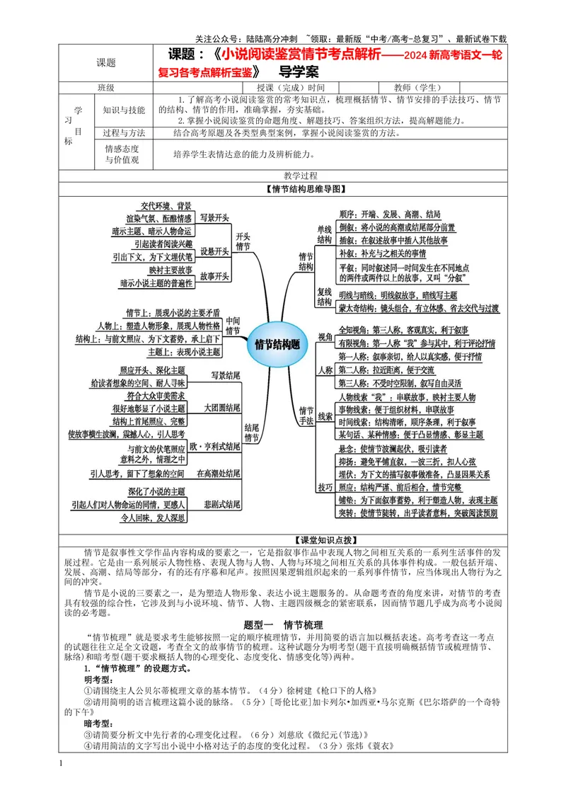 《专题05小说阅读鉴赏情节考点解析（教案）_一轮复习_2024年_2024新高考语文一轮复习考点解析课件教案学案练习题_资料_2024版_第五大类：现代文阅读Ⅱ考点_小说阅读_课件教案》第1页预览