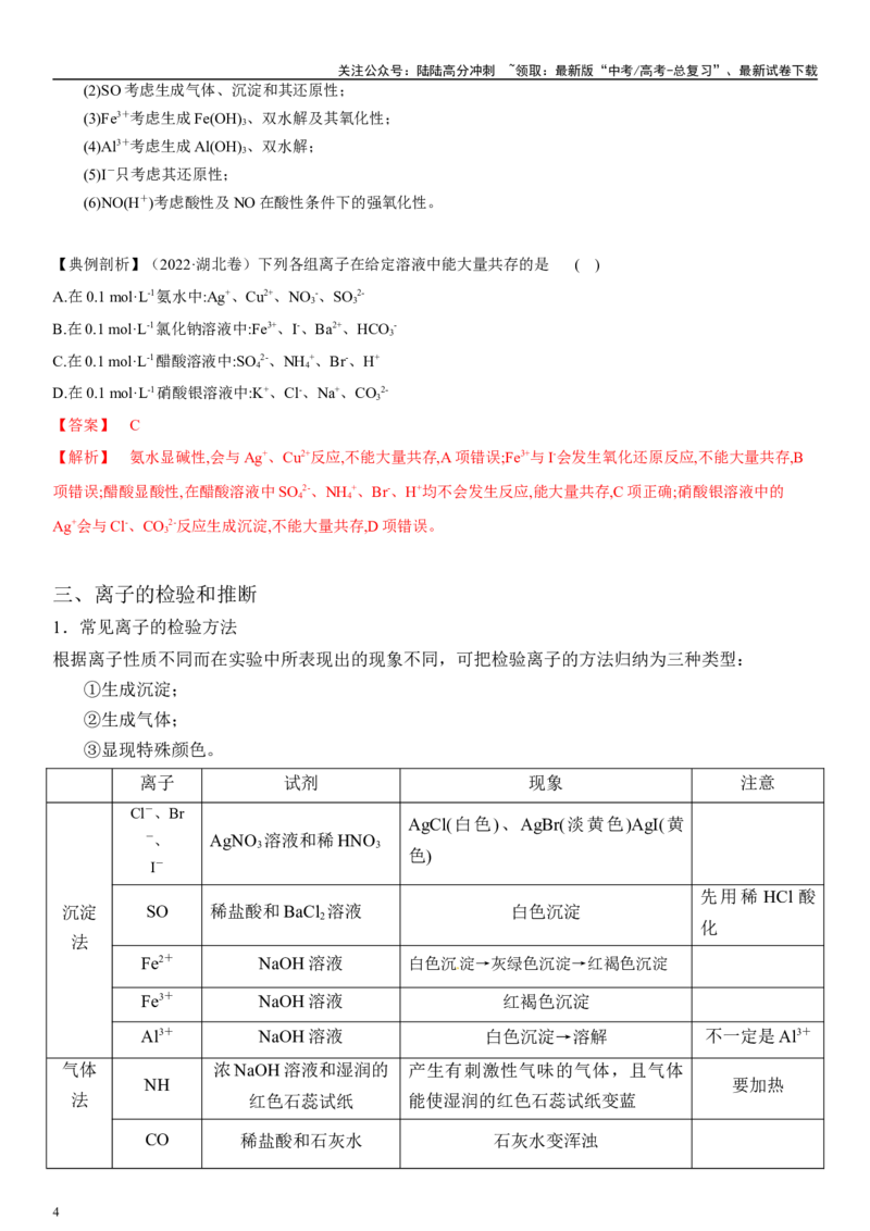 《专题六离子反应、离子推断、检验（教师版）_05-化学-高考总复习_二轮复习_2024年_2024年高考化学二轮专题复习讲义（新高考通用）_资料_1-资料》第4页预览