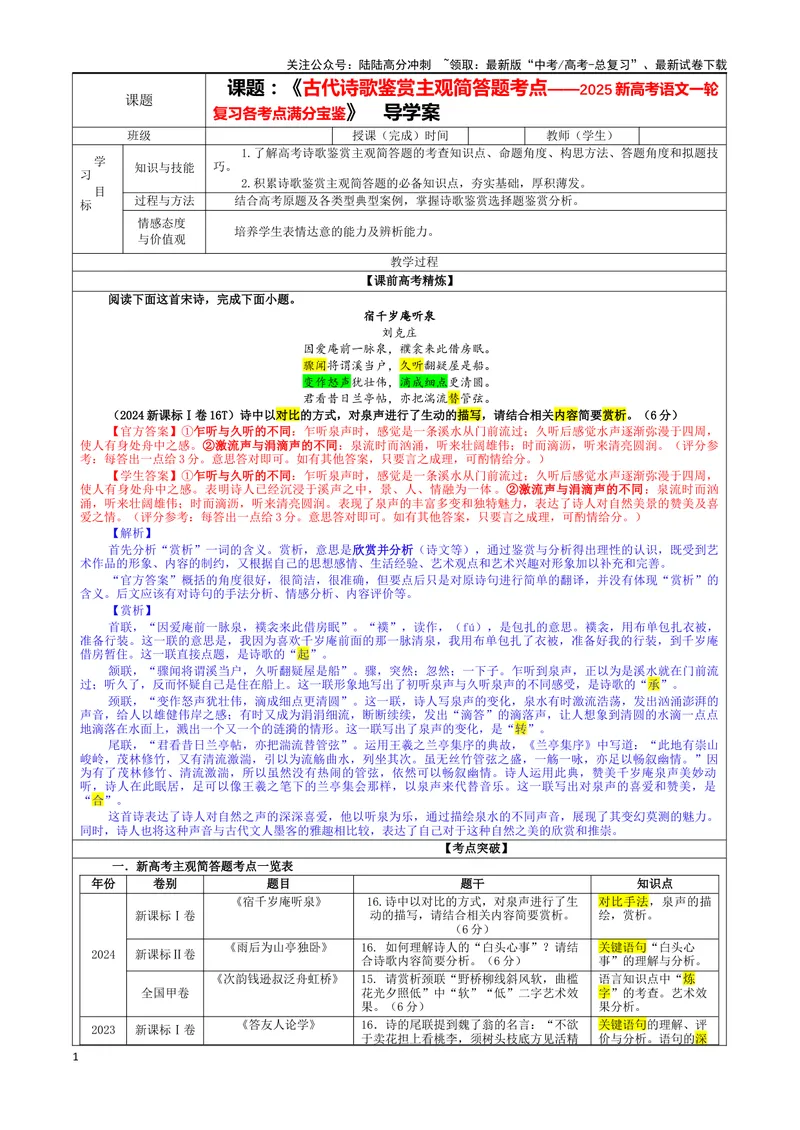 《专题02古代诗歌鉴赏主观简答试题考点（教案）_一轮复习_2024年_2024新高考语文一轮复习考点解析课件教案学案练习题_资料_2025版_古代诗歌鉴赏》第1页预览