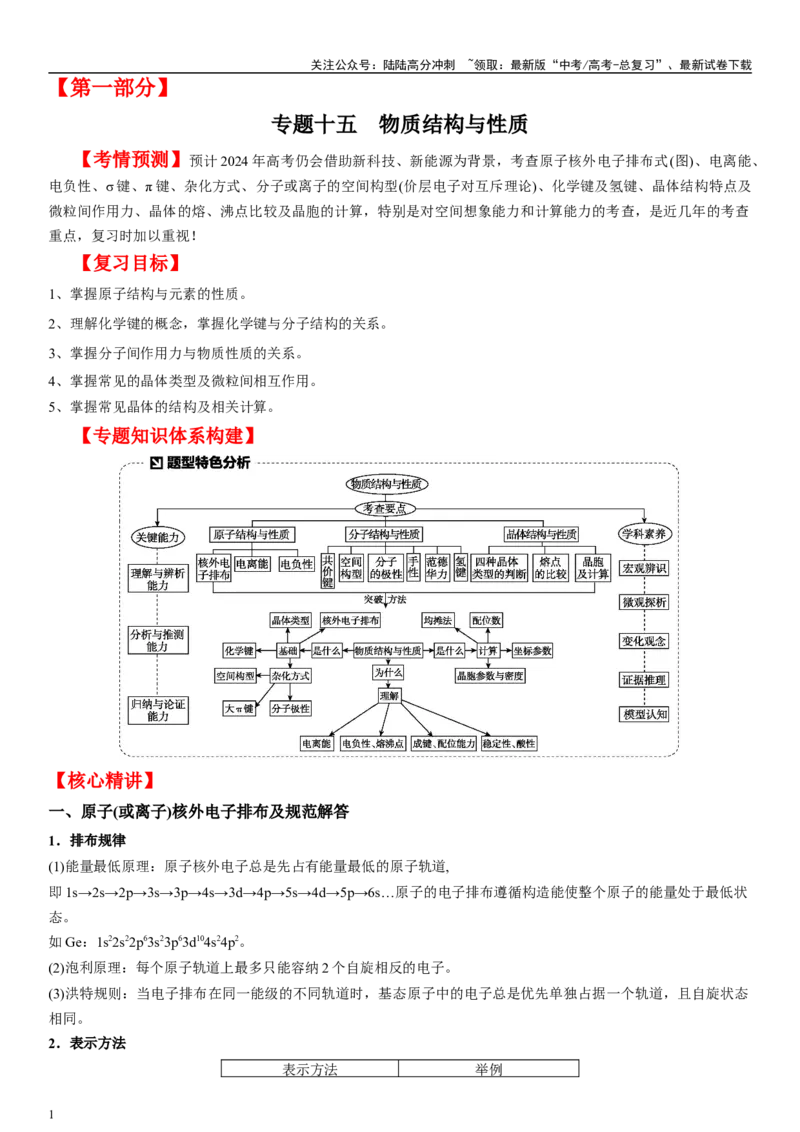 《专题十五物质结构与性质（学生版）_05-化学-高考总复习_二轮复习_2024年_2024年高考化学二轮专题复习讲义（新高考通用）_资料_1-资料》第1页预览