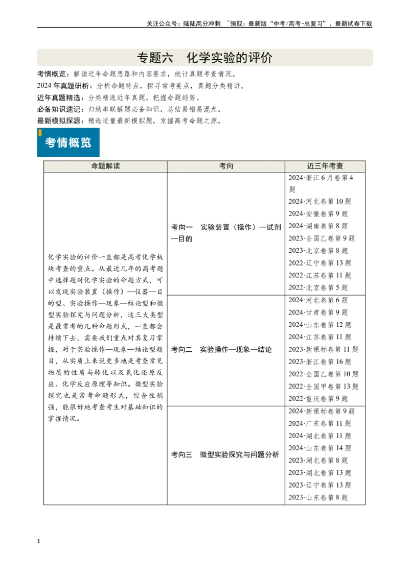 《专题06化学实验的评价（教师版）_05-化学-高考总复习_专项复习_2025年_2025年高考化学真题题源解密（新高考通用）》第1页预览