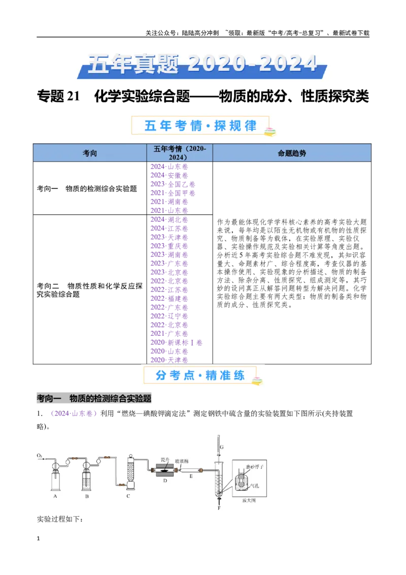 《专题21化学实验综合题——物质的成分、性质探究类（全国通用）（原卷版）_05-化学-高考总复习_专项复习_2024年_2024年高考化学真题分类汇编（全国通用）》第1页预览