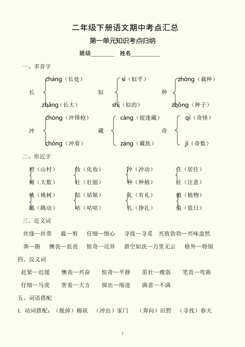 《二（下）语文期中单元考点复习_小学1-6年级全科全套_1-6年级全科下册_二年级_二年级下语文_语文二下期中复习》第1页预览