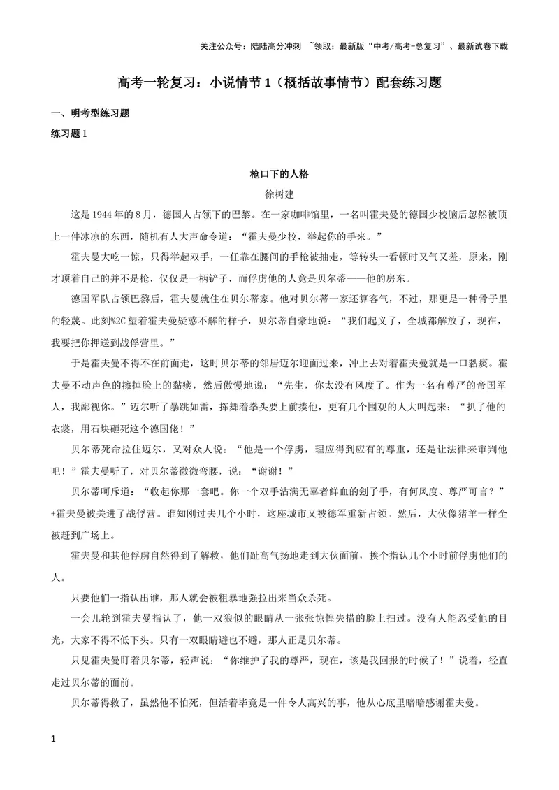 《专题01概括故事情节（配套练习）-2024年高考语文一轮复习之小说阅读考点精讲精练_一轮复习_2024年_2024年高考语文一轮复习之小说阅读考点精讲精练题_1.小说情节》第1页预览