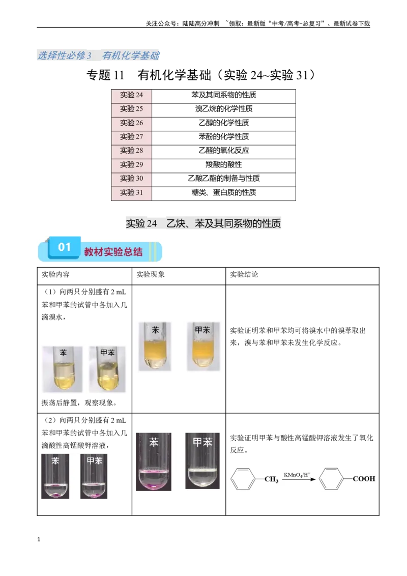 《专题11有机化学基础（实验24~实验31）-实验攻略备战2024年高考化学教材实验及其延伸拓展（教师版）_05-化学-高考总复习_专项复习_2024年_2024年高考化学实验专项突破_资料》第1页预览