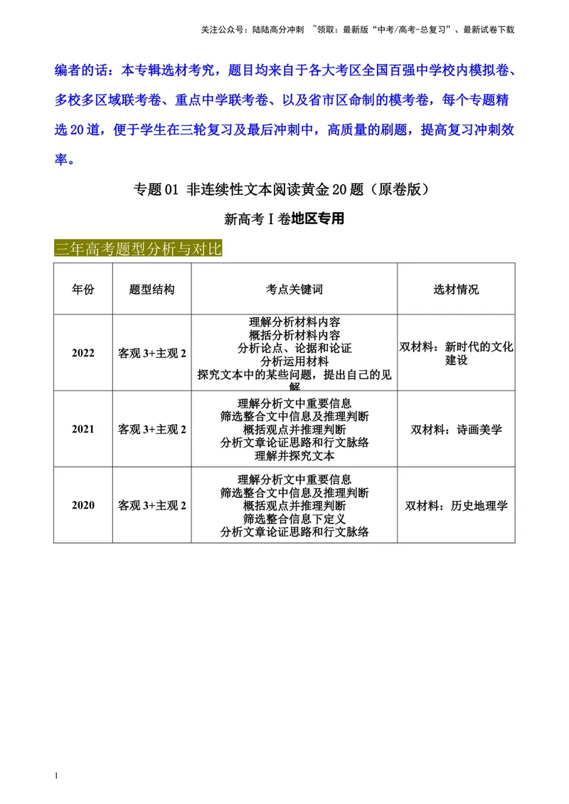 《专题01非连续性文本阅读精选20题（新高考Ⅰ卷区专用）-（学生版）_专项复习_2024年_2023年高考语文重点题型终极预测_资料_新高考Ⅰ卷区专用》第1页预览