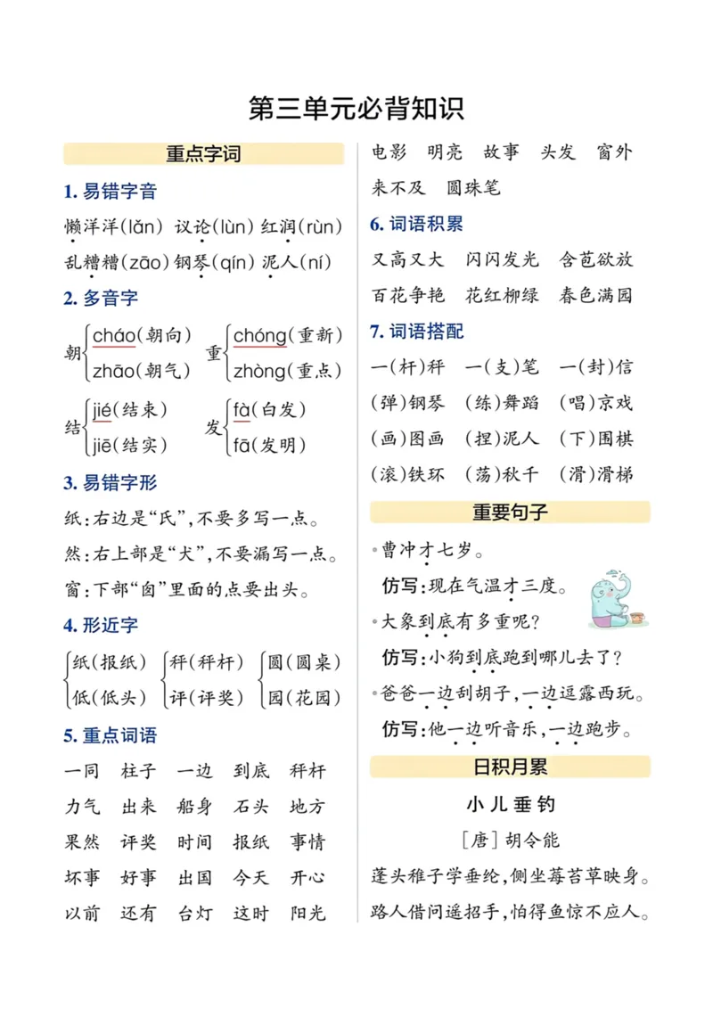 《二年级上册语文单元必背知识总结_小学1-6年级全科全套_1-6年级全科上册_二年级_语文_语文二上单元考点总结》第3页预览