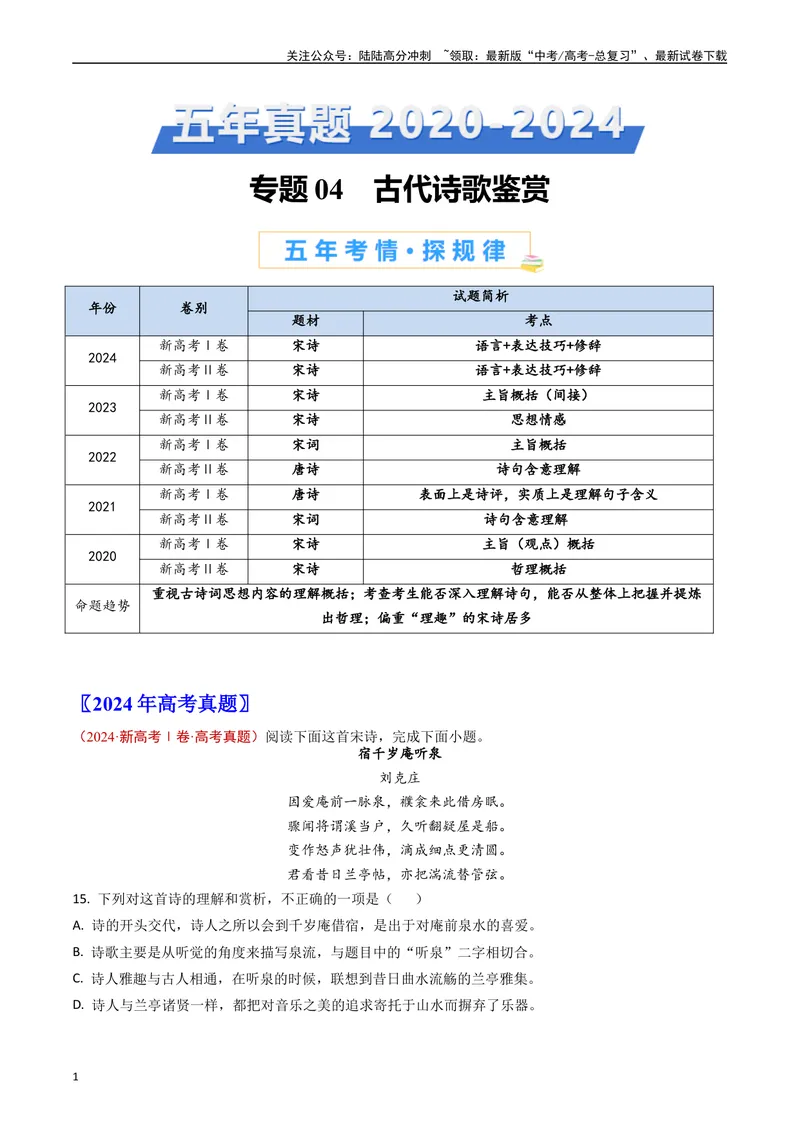 《专题04古代诗歌鉴赏（原卷版）_专项复习_2024年_2024年高考语文真题分类汇编（新高考专用）》第1页预览