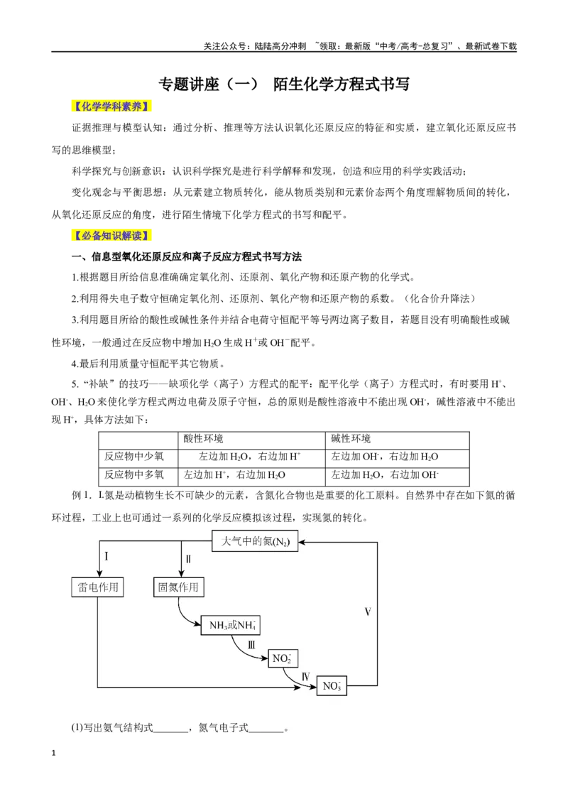 《专题讲座（一）陌生化学方程式书写（讲）-（解析版）_05-化学-高考总复习_一轮复习_2024年_2024年高考化学大一轮复习精讲精练+专题讲座_资料》第1页预览