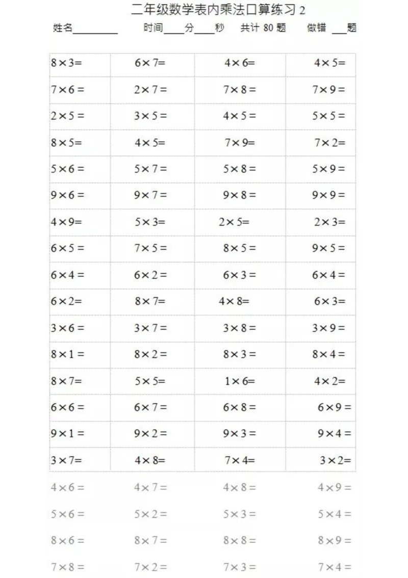 《二（上）数学乘法口算题卡2_小学1-6年级全科全套_1-6年级全科上册_二年级_数学_A二年级数学（通用版）_通用版数学二上专项练习》第2页预览