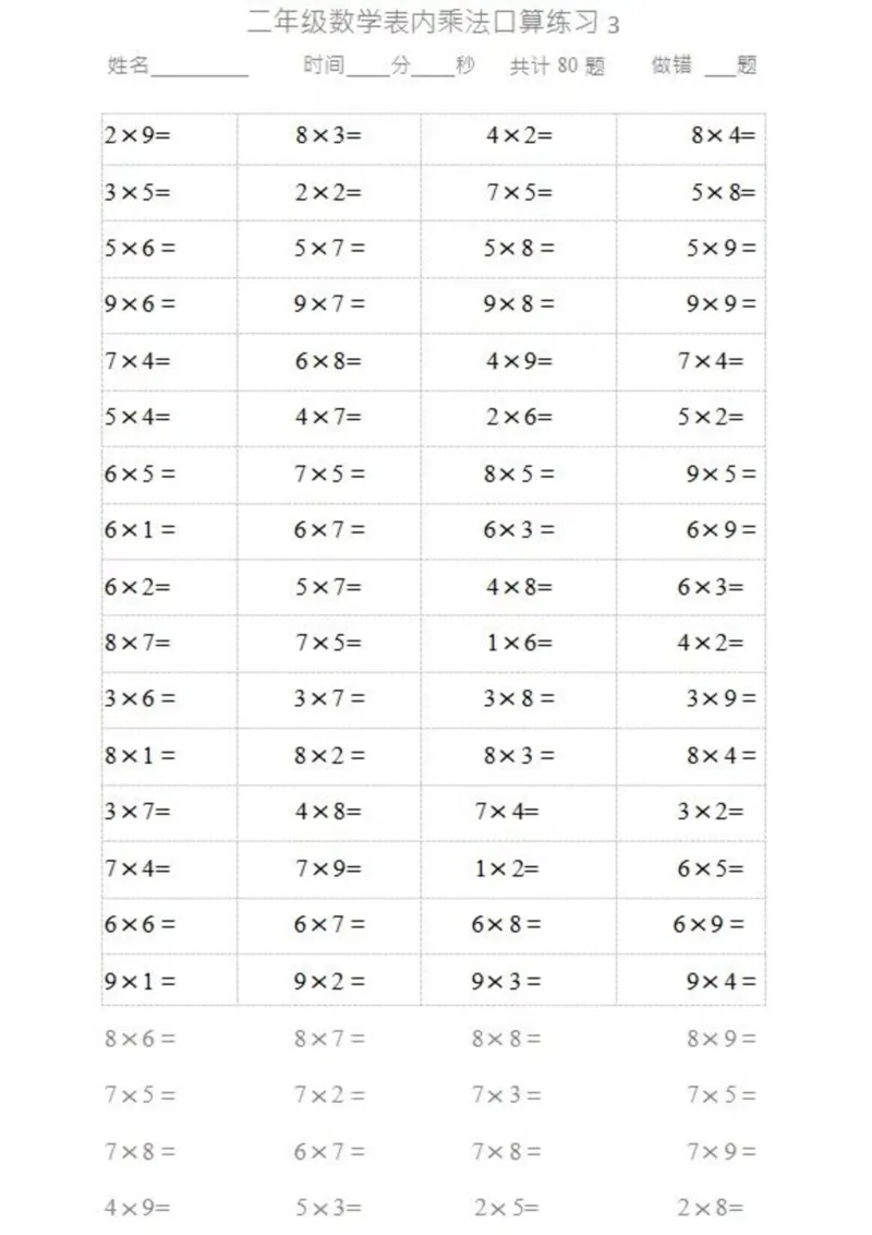 《二（上）数学乘法口算题卡2_小学1-6年级全科全套_1-6年级全科上册_二年级_数学_A二年级数学（通用版）_通用版数学二上专项练习》第3页预览