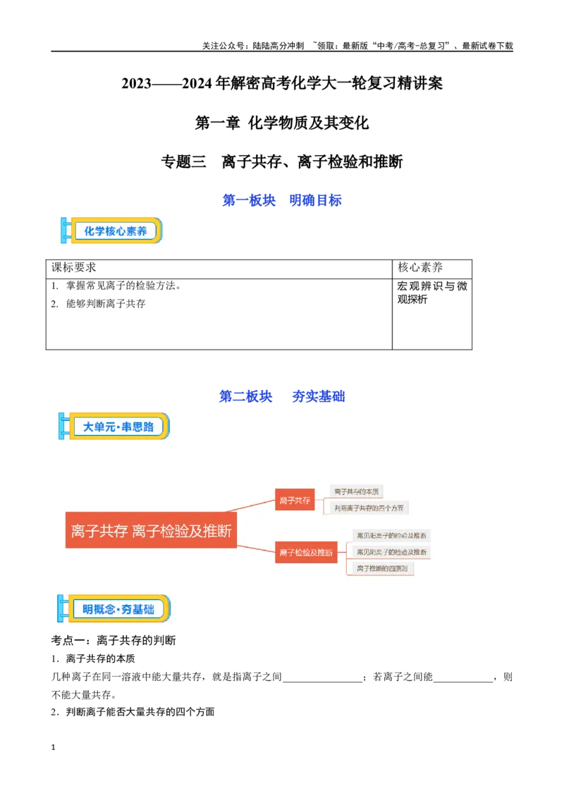 《专题三离子共存、离子检验和推断-（原卷版）_05-化学-高考总复习_一轮复习_2024年_2023-2024学年解密高考化学大一轮复习精讲精练（配套新教材2019）_资料》第1页预览