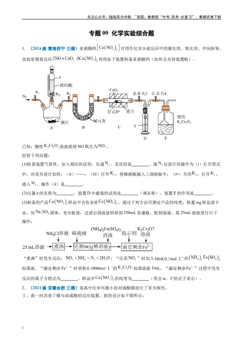 《专题09化学实验综合题（原卷版）_05-化学-高考总复习_专项复习_2025年_2024年高考三模试题分类汇编化学全国通用》第1页预览