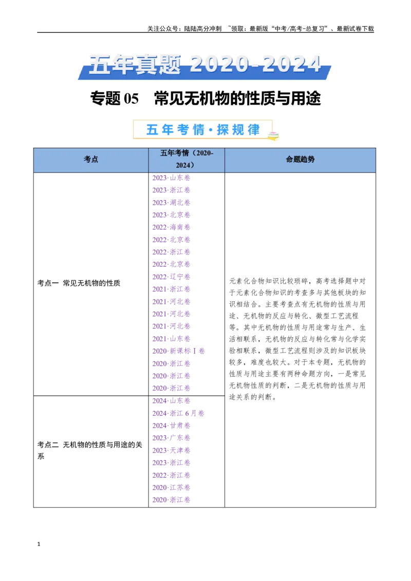 《专题05常见无机物的性质与用途（全国通用）（解析版）_05-化学-高考总复习_专项复习_2024年_2024年高考化学真题分类汇编（全国通用）》第1页预览