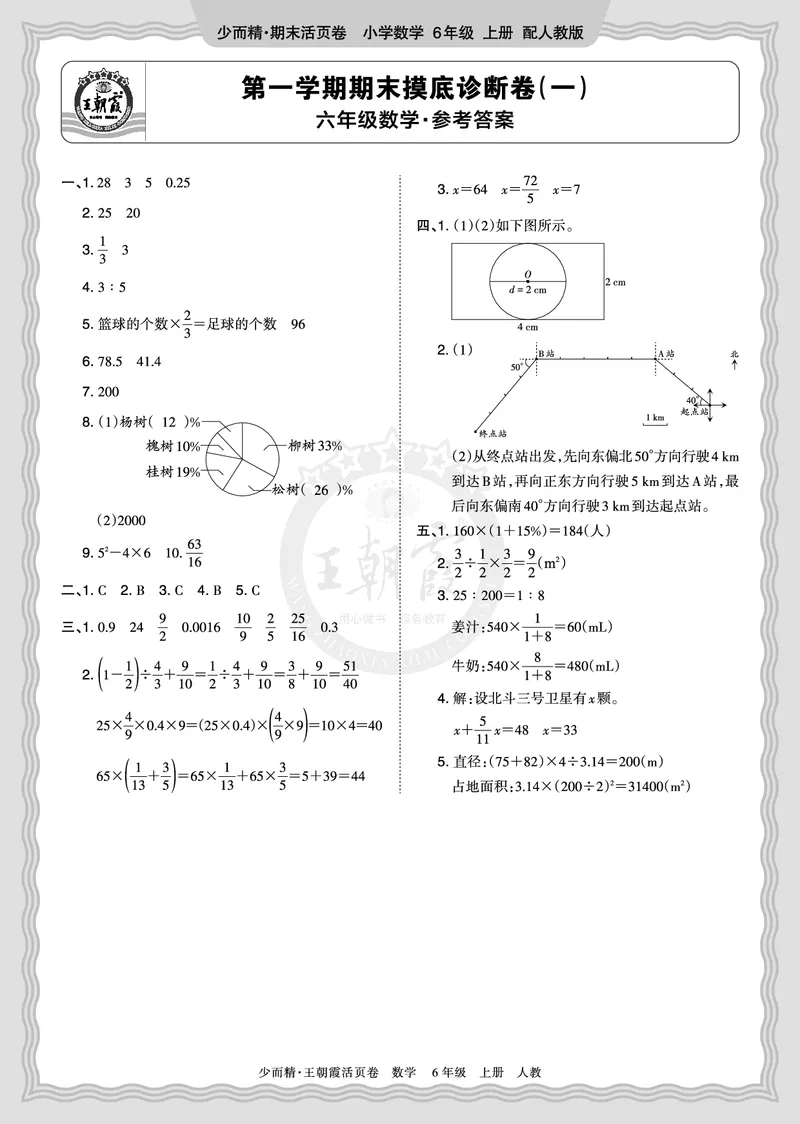 《2025秋六年级数学人教版第一学期期末摸底诊断卷（一）答案_小初高学习资料合集（每天更新）_1-6年级上册王朝霞期末摸底诊断卷》第1页预览