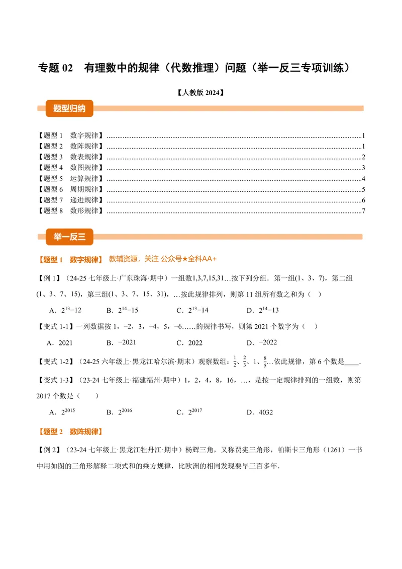 《专题02有理数中的规律(代数推理)问题(专项训练)(原卷版)_2026语数英7-9年级上《举一反三系列》多版本_2026《初中数学•举一反三系列》7上多版本_2026《初中数学•举一反三系列》7上(人教)》第1页预览