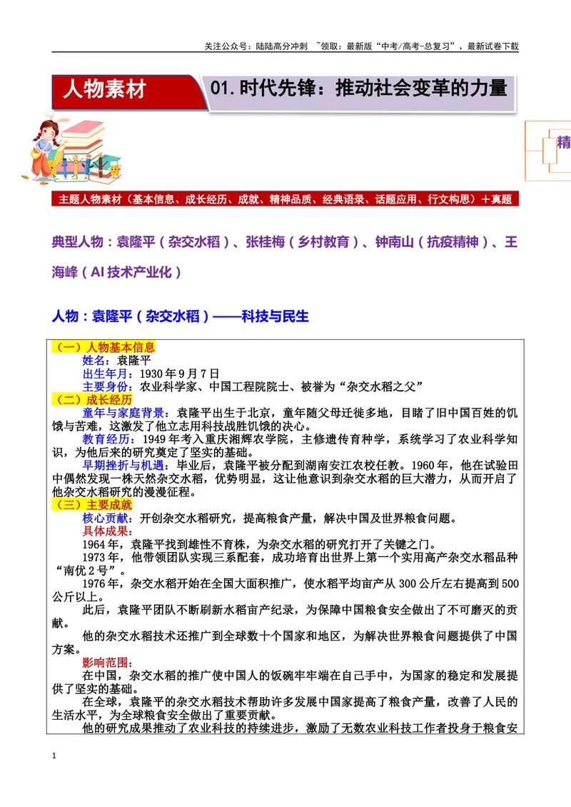《专题01时代先锋：推动社会变革的力量素材（基本信息、成长经历、成就、精神品质、经典语录、话题应用、行文构思）＋真题）_专项复习_2025年》第1页预览