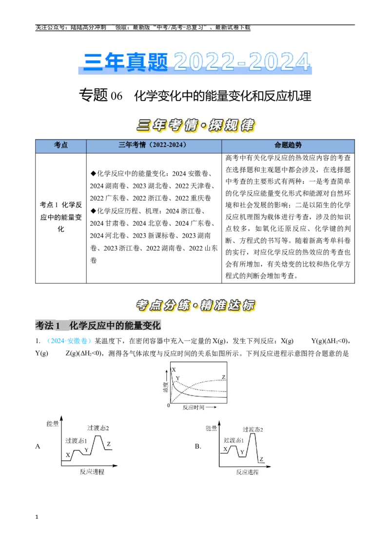 《专题06化学反应中的能量变化和反应机理（全国通用）（原卷版）_05-化学-高考总复习_专项复习_2025年_五年2020-2024高考真题分类汇编化学真题分类汇编（全国通用）》第1页预览