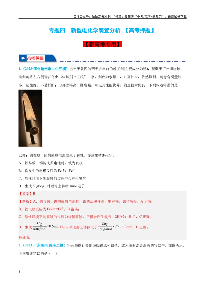 《专题四新型电化学装置分析高考押题-2024年高考化学二轮复习举一反三系列（新高考专用）（教师版）_05-化学-高考总复习_二轮复习_2024年_资料》第1页预览