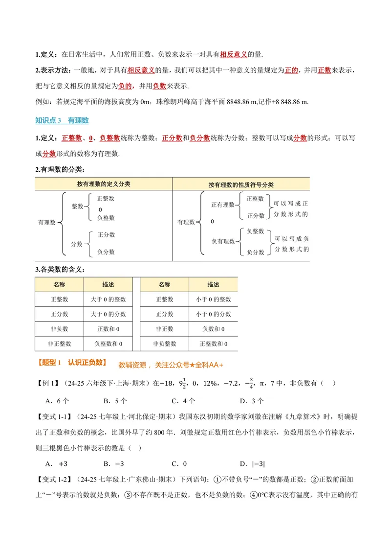 《专题2.1正数与负数、有理数的概念(讲义)(原卷版)_2026语数英7-9年级上《举一反三系列》多版本_2026《初中数学•举一反三系列》7上多版本_2026《初中数学•举一反三系列》7上(北师大)》第2页预览