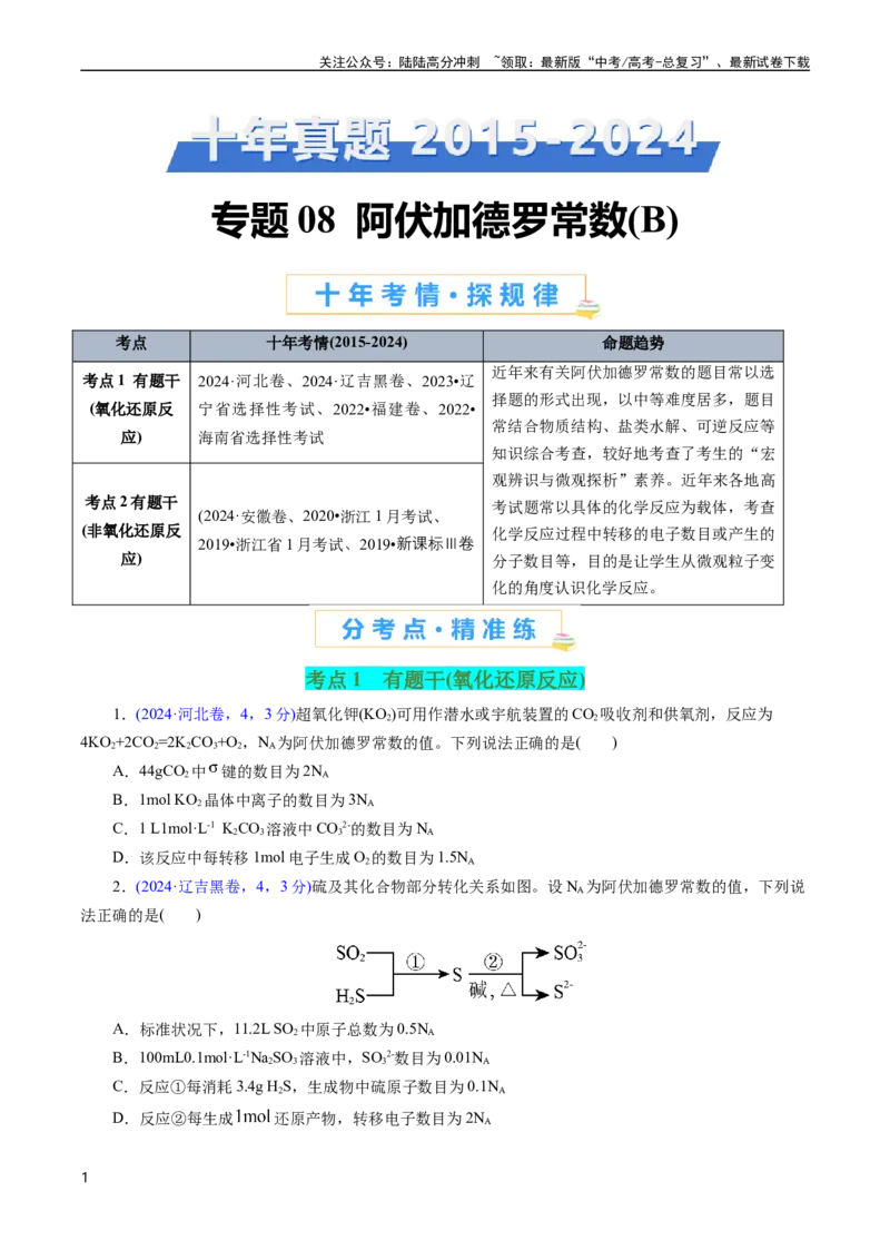 《专题08阿伏加德罗常数B(原卷版)_05-化学-高考总复习_专项复习_2025年_十年（2015-2024）高考化学真题分类汇编（全国通用）》第1页预览