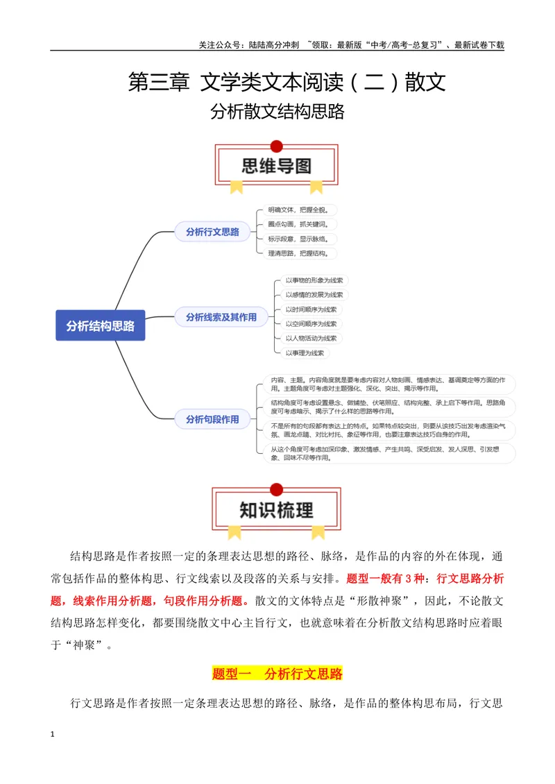 《专题01：分析散文结构思路（教师版）_一轮复习_2025年_2025年高考语文一轮复习知识清单（全国通用）》第1页预览