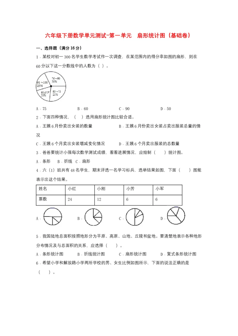 《分层训练六年级下册数学单元测试-第一单元扇形统计图（基础卷）苏教版（含答案）_小学1-6年级全科全套_1-6年级全科下册_六年级_数学_数学六下苏教版》第1页预览