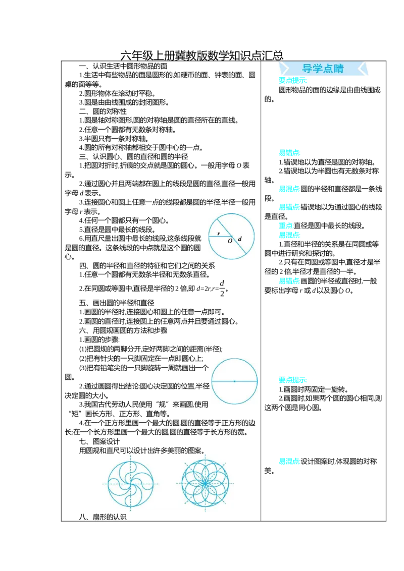 《六（上）冀教版数学知识点汇总_小学1-6年级全科全套_1-6年级全科上册_六年级_数学_六年级数学上冀教版_冀教数学六上知识总结》第1页预览