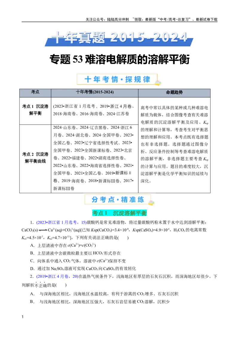 《专题53难溶电解质的溶解平衡(原卷版)_05-化学-高考总复习_专项复习_2025年_十年（2015-2024）高考化学真题分类汇编（全国通用）》第1页预览