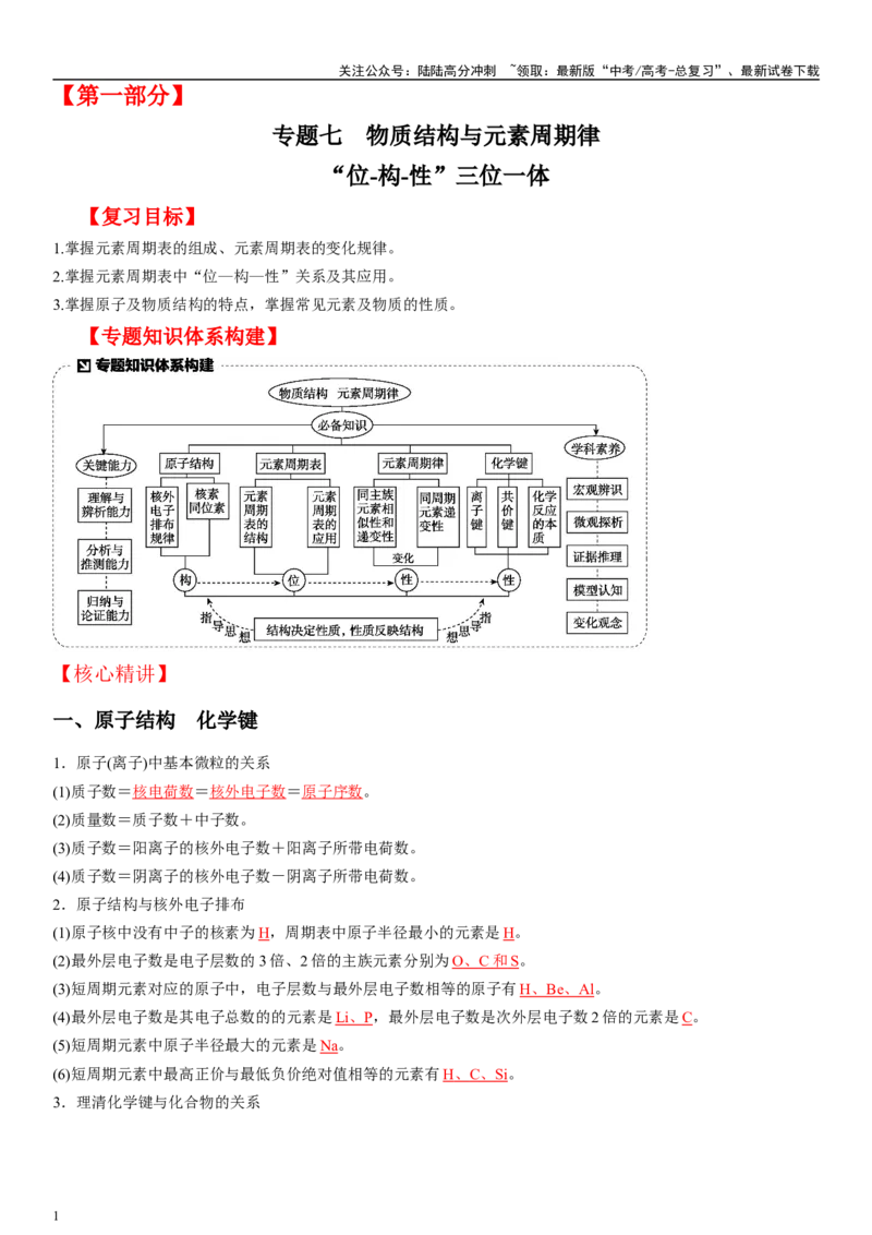 《专题七物质结构与元素周期律（“位-构-性”三位一体）（教师版）_05-化学-高考总复习_二轮复习_2024年_2024年高考化学二轮专题复习讲义（新高考通用）_资料_1-资料》第1页预览