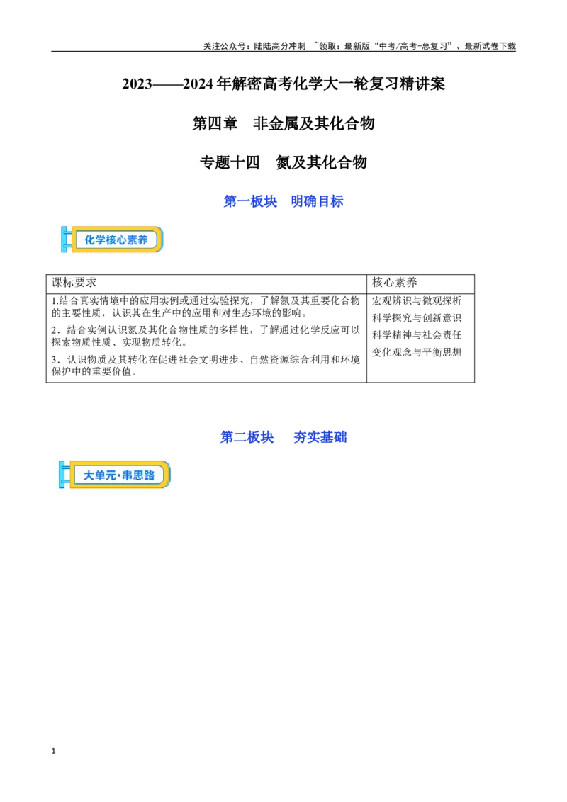 《专题十四氮及其化合物-（原卷版）_05-化学-高考总复习_一轮复习_2024年_2023-2024学年解密高考化学大一轮复习精讲精练（配套新教材2019）_资料》第1页预览