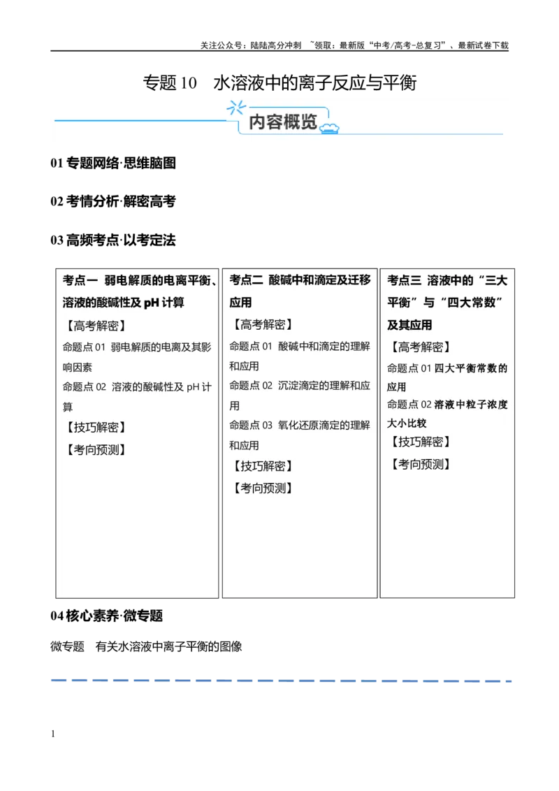 《专题10水溶液中的离子反应与平衡（讲义）（原卷版）_05-化学-高考总复习_二轮复习_2024年_2024年高考化学二轮复习高频考点追踪与预测（新高考专用）_讲义》第1页预览