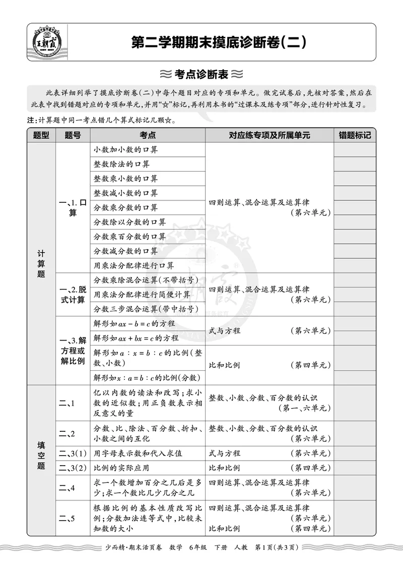 《2026年（下册）6年级数学人教版期末考点诊断表（二）_小初高学习资料合集（每天更新）_2026春数学《王朝霞期末摸底诊断卷》1-6年级下册人教版》第1页预览