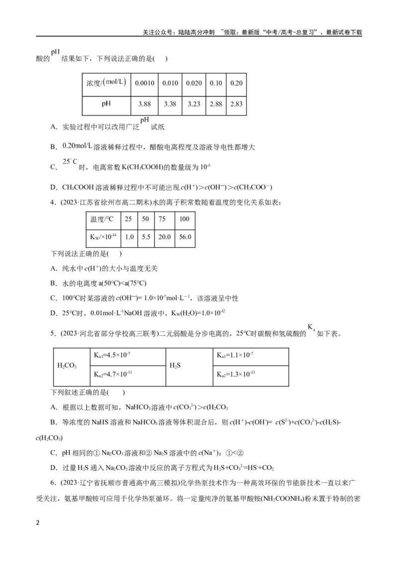 《专题08水溶液中的离子反应与平衡(测试)(原卷版)_05-化学-高考总复习_二轮复习_2024年_2024年高考化学二轮复习讲练测（新教材新高考）_配套练习（原卷版+解析版）》第2页预览