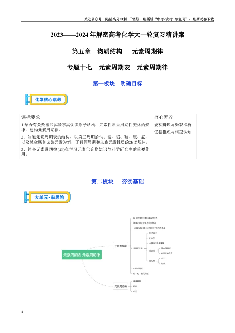 《专题十七元素周期表元素周期律-（原卷版）_05-化学-高考总复习_一轮复习_2024年_2023-2024学年解密高考化学大一轮复习精讲精练（配套新教材2019）_资料》第1页预览