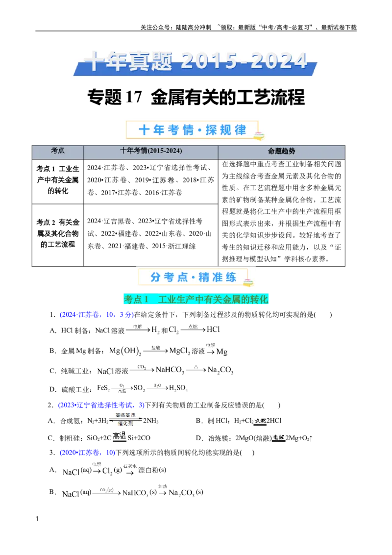 《专题17金属有关的工艺流程(原卷版)_05-化学-高考总复习_专项复习_2025年_十年（2015-2024）高考化学真题分类汇编（全国通用）》第1页预览