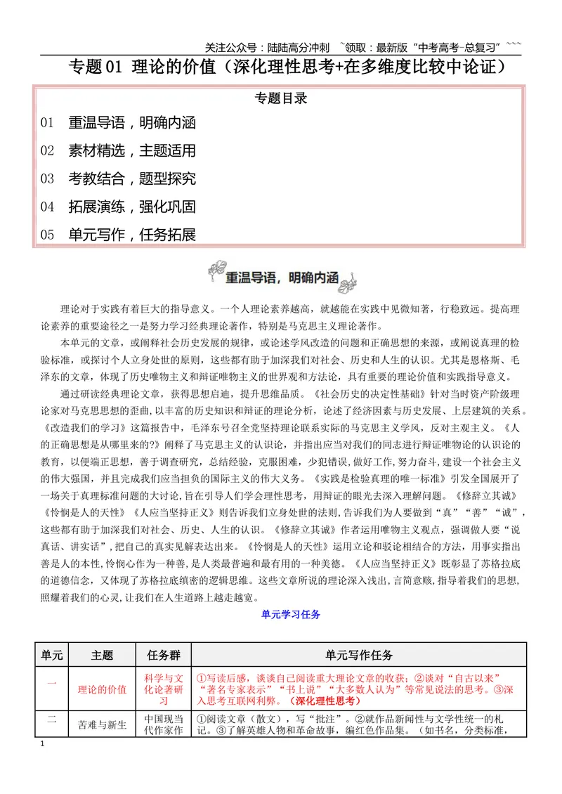 《专题01理论的价值（深化理性思考+在多维度比较中论证）_一轮复习_2026年-语文一轮复习_2026年高考语文一轮复习之教材主题作文训练-G438_资料》第1页预览