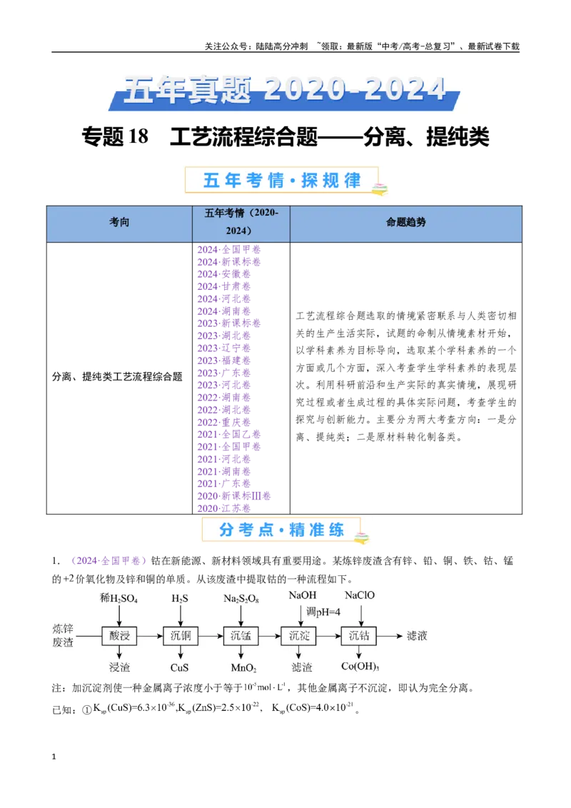 《专题18化学工艺流程综合题——分离、提纯类（全国通用）（解析版）_05-化学-高考总复习_专项复习_2024年_2024年高考化学真题分类汇编（全国通用）》第1页预览